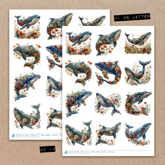 A4 and US Letter format comparison showing Floral Whale fussy cut pages for print and cut crafting