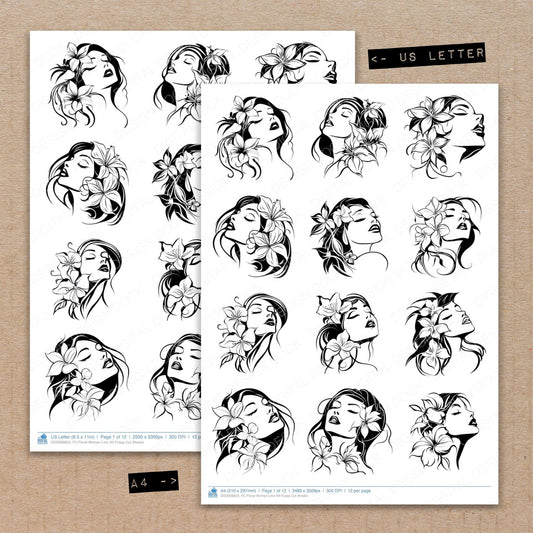 A4 and US Letter format comparison showing Floral Woman Line Art fussy cut pages for print and cut crafting
