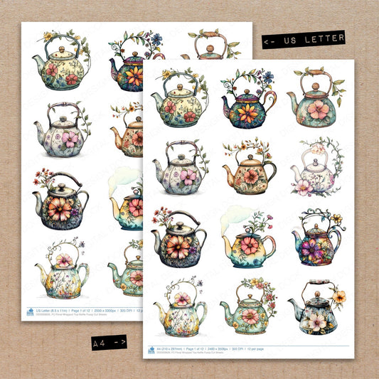 A4 and US Letter format comparison showing Floral Wrapped Tea Kettle fussy cut pages for print and cut crafting