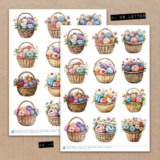 A4 and US Letter format comparison showing Floral Yarn Basket fussy cut pages for print and cut crafting