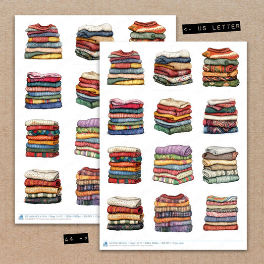 A4 and US Letter format comparison showing Folded Cozy Sweaters fussy cut pages for print and cut crafting