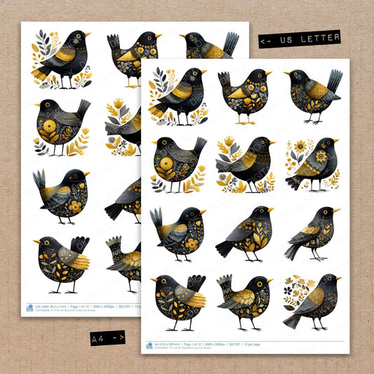 A4 and US Letter format comparison showing Folk Art Blackbird fussy cut pages for print and cut crafting