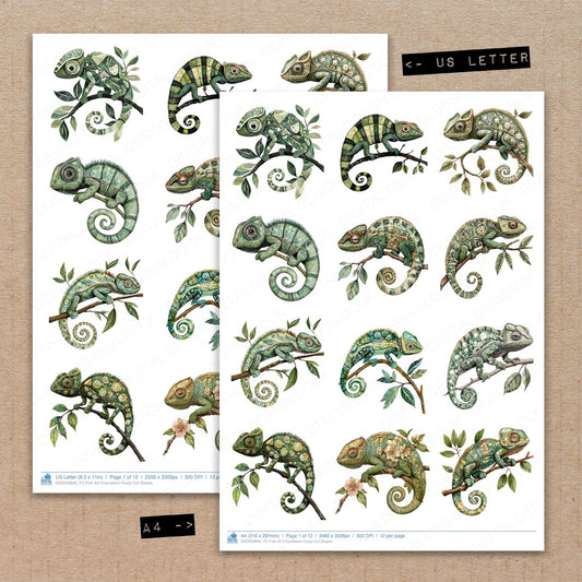 A4 and US Letter format comparison showing Folk Art Chameleon fussy cut pages for print and cut crafting