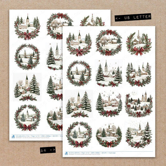 A4 and US Letter format comparison showing Folk Art Christas Scene Design fussy cut pages for print and cut crafting