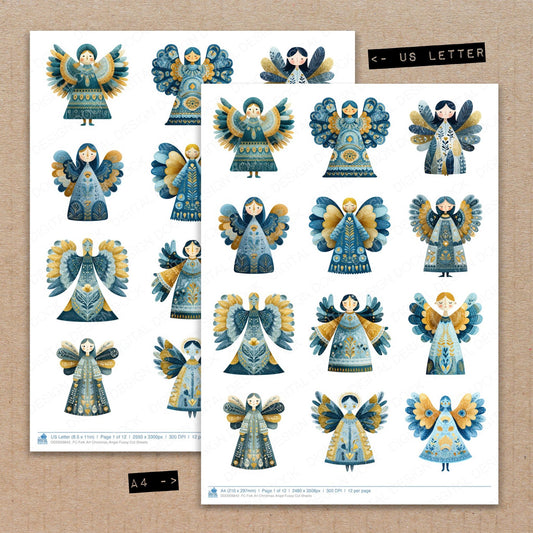 A4 and US Letter format comparison showing Folk Art Christmas Angel fussy cut pages for print and cut crafting