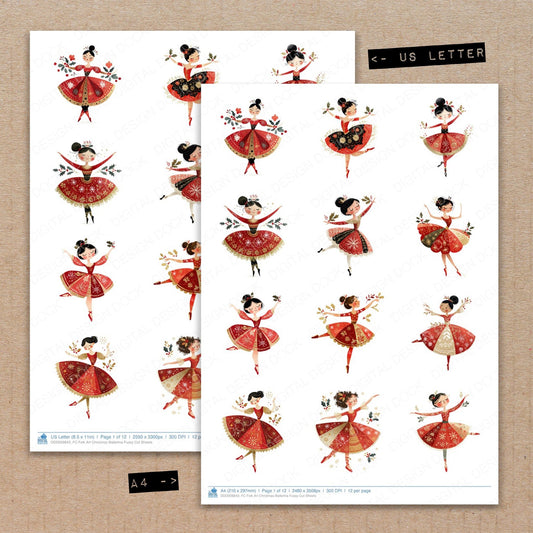 A4 and US Letter format comparison showing Folk Art Christmas Ballerina fussy cut pages for print and cut crafting
