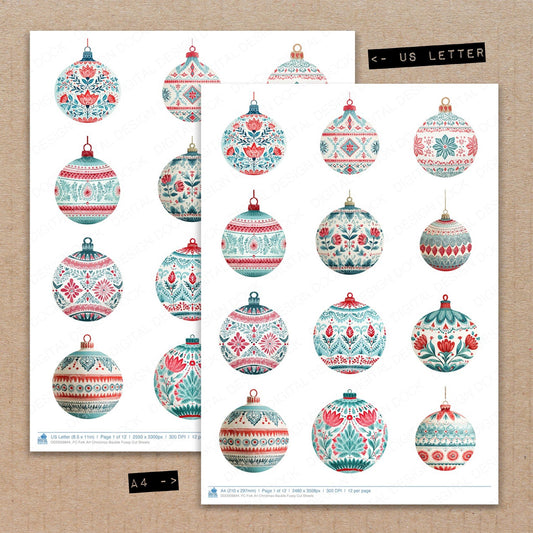 A4 and US Letter format comparison showing Folk Art Christmas Bauble fussy cut pages for print and cut crafting