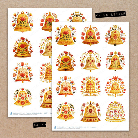 A4 and US Letter format comparison showing Folk Art Christmas Bell fussy cut pages for print and cut crafting