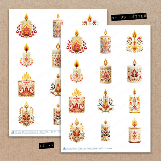 A4 and US Letter format comparison showing Folk Art Christmas Candle fussy cut pages for print and cut crafting