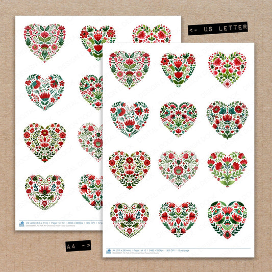 A4 and US Letter format comparison showing Folk Art Christmas Heart fussy cut pages for print and cut crafting