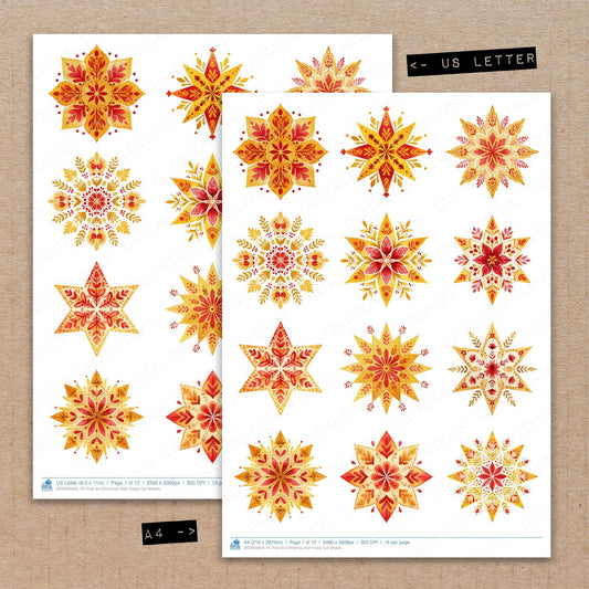 A4 and US Letter format comparison showing Folk Art Christmas Star fussy cut pages for print and cut crafting