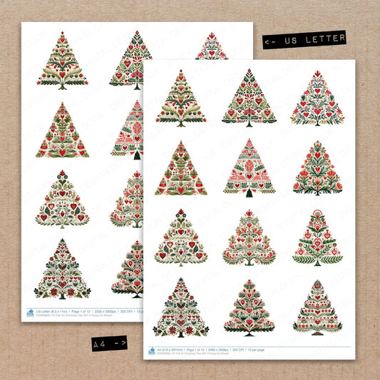 A4 and US Letter format comparison showing Folk Art Christmas Tree A fussy cut pages for print and cut crafting