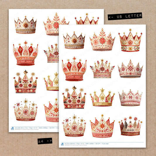 A4 and US Letter format comparison showing Folk Art Crown fussy cut pages for print and cut crafting