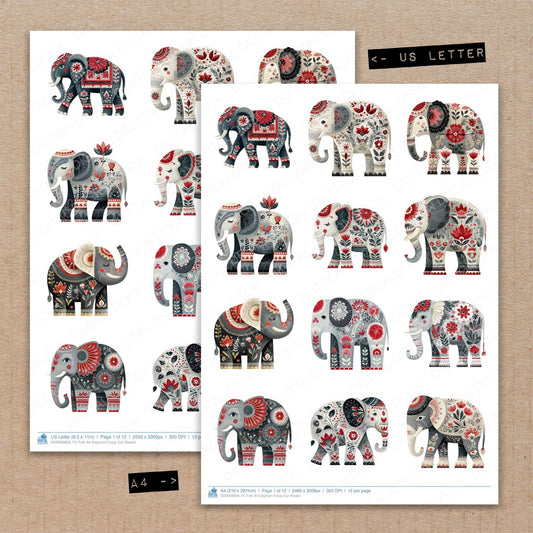 A4 and US Letter format comparison showing Folk Art Elephant fussy cut pages for print and cut crafting