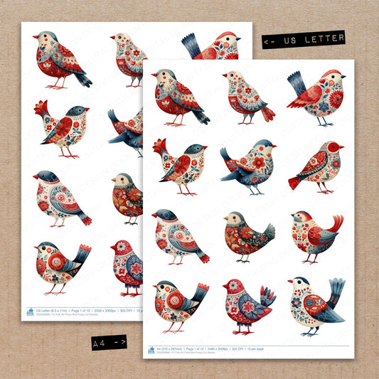 A4 and US Letter format comparison showing Folk Art Floral Bird fussy cut pages for print and cut crafting