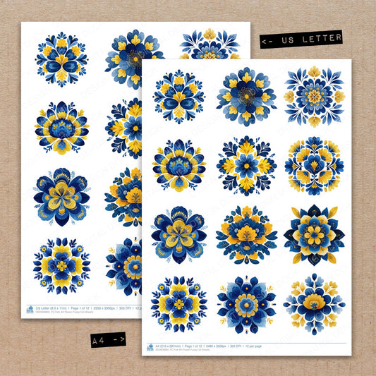 A4 and US Letter format comparison showing Folk Art Flower fussy cut pages for print and cut crafting