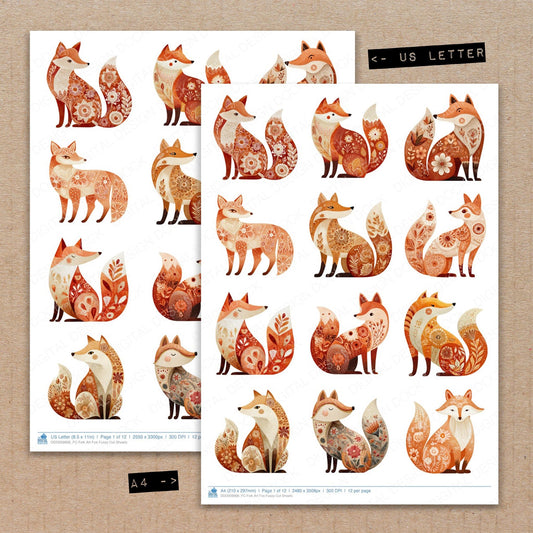 A4 and US Letter format comparison showing Folk Art Fox fussy cut pages for print and cut crafting