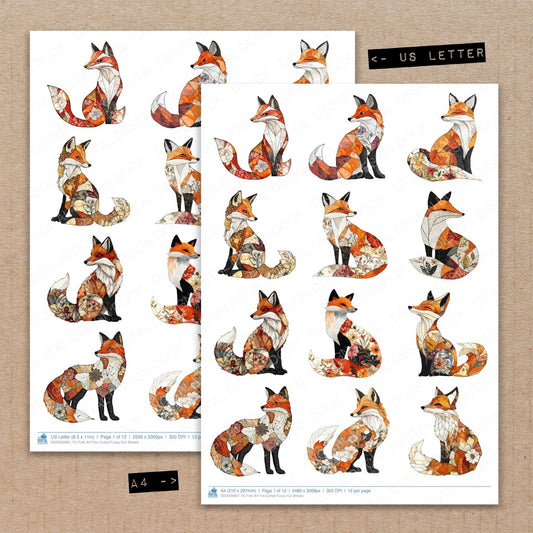 A4 and US Letter format comparison showing Folk Art Fox Curled fussy cut pages for print and cut crafting