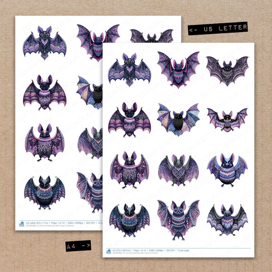 A4 and US Letter format comparison showing Folk Art Halloween Bat fussy cut pages for print and cut crafting