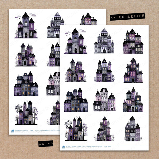 A4 and US Letter format comparison showing Folk Art Halloween House fussy cut pages for print and cut crafting