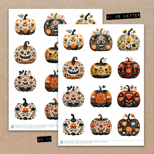 A4 and US Letter format comparison showing Folk Art Halloween Pumpkin fussy cut pages for print and cut crafting