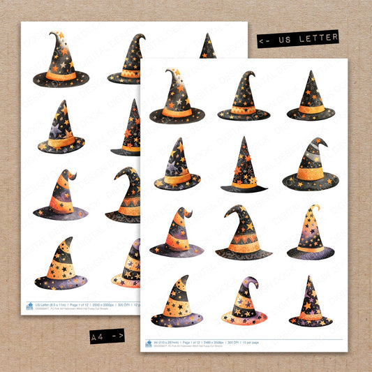 A4 and US Letter format comparison showing Folk Art Halloween Witch Hat fussy cut pages for print and cut crafting