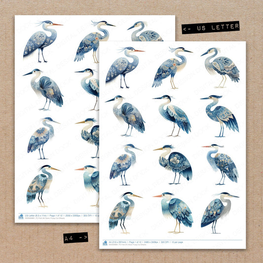 A4 and US Letter format comparison showing Folk Art Heron fussy cut pages for print and cut crafting
