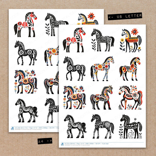 A4 and US Letter format comparison showing Folk Art Horse A fussy cut pages for print and cut crafting