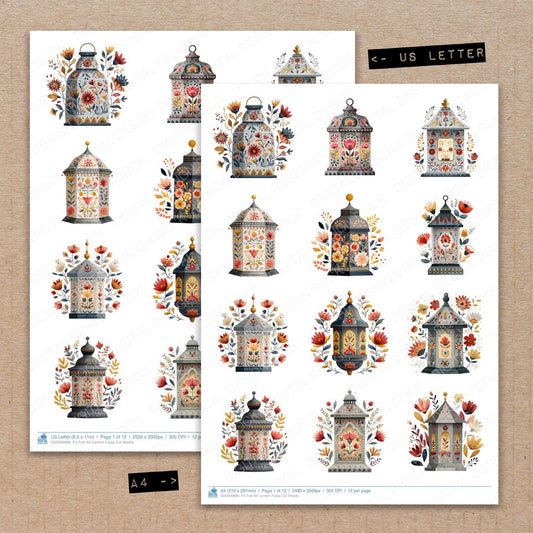 A4 and US Letter format comparison showing Folk Art Lantern fussy cut pages for print and cut crafting
