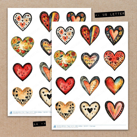A4 and US Letter format comparison showing Folk Art Love Heart fussy cut pages for print and cut crafting