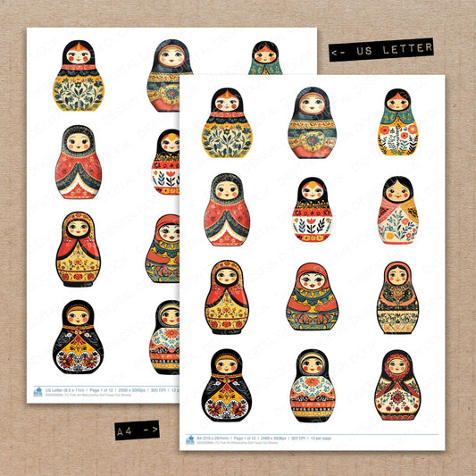 A4 and US Letter format comparison showing Folk Art Matryoshka Doll fussy cut pages for print and cut crafting