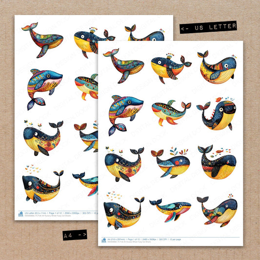 A4 and US Letter format comparison showing Folk Art Nursery Whale fussy cut pages for print and cut crafting
