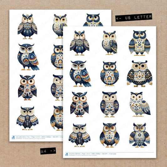 A4 and US Letter format comparison showing Folk Art Patterned Owl fussy cut pages for print and cut crafting