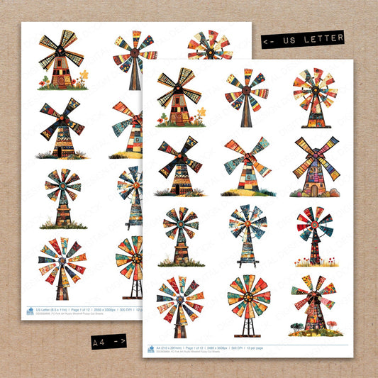 A4 and US Letter format comparison showing Folk Art Rustic Windmill fussy cut pages for print and cut crafting