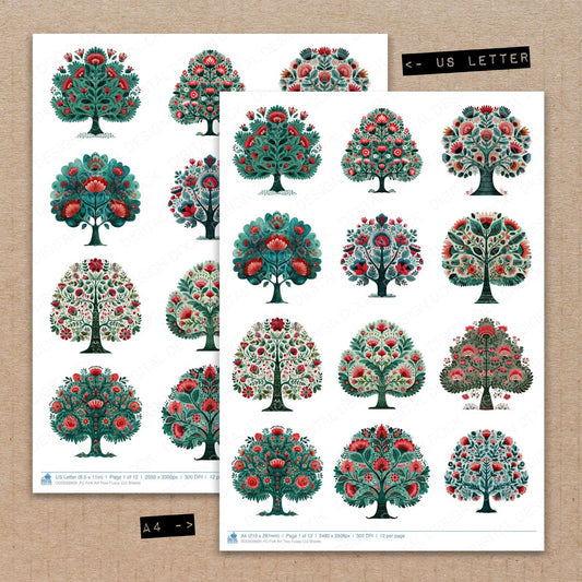 A4 and US Letter format comparison showing Folk Art Tree fussy cut pages for print and cut crafting