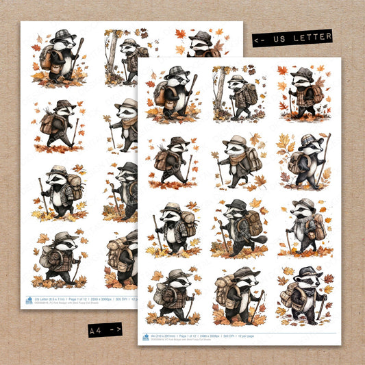 A4 and US Letter format comparison showing Folk Badger with Stick fussy cut pages for print and cut crafting