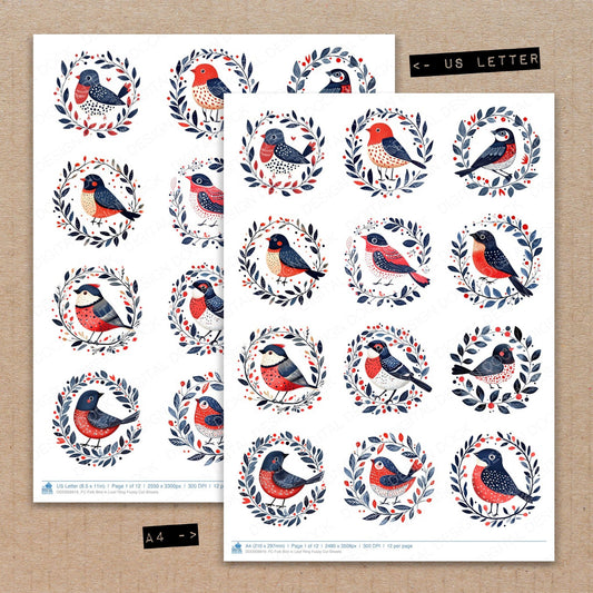 A4 and US Letter format comparison showing Folk Bird in Leaf Ring fussy cut pages for print and cut crafting