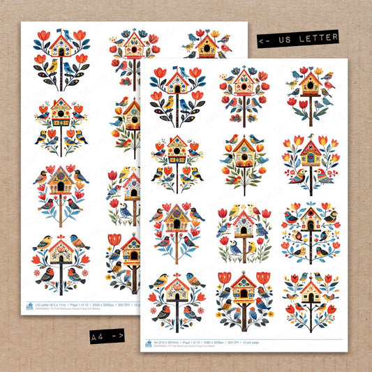 A4 and US Letter format comparison showing Folk Birdhouse Scene fussy cut pages for print and cut crafting