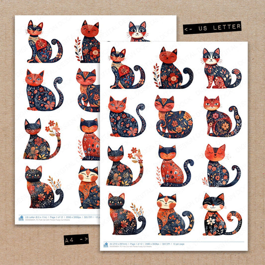 A4 and US Letter format comparison showing Folk Cat with Florals fussy cut pages for print and cut crafting