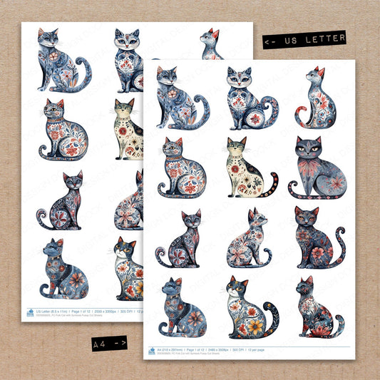 A4 and US Letter format comparison showing Folk Cat with Symbols fussy cut pages for print and cut crafting