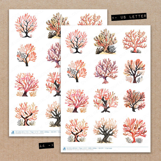 A4 and US Letter format comparison showing Folk Coral Tree Cluster fussy cut pages for print and cut crafting