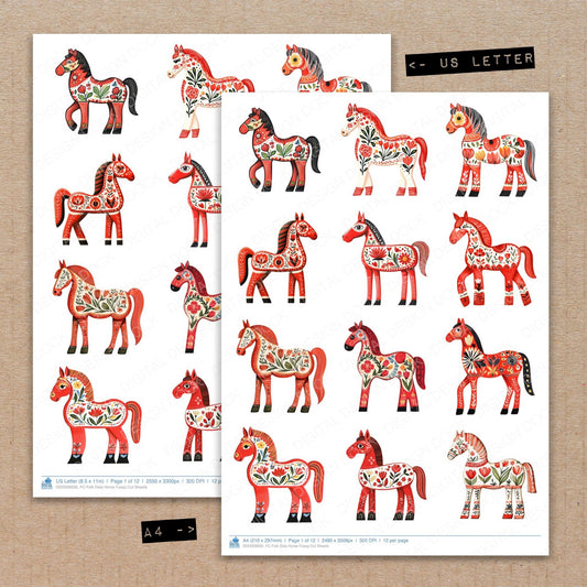 A4 and US Letter format comparison showing Folk Dala Horse fussy cut pages for print and cut crafting
