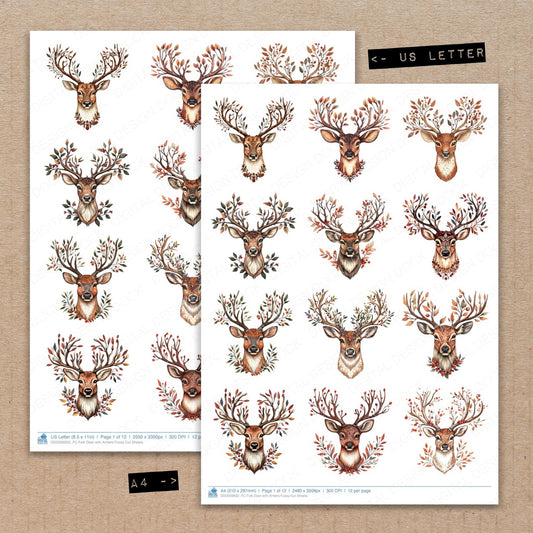 A4 and US Letter format comparison showing Folk Deer with Antlers fussy cut pages for print and cut crafting