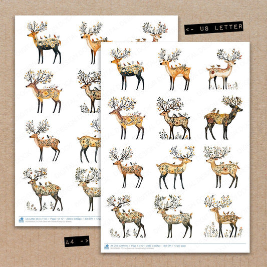 A4 and US Letter format comparison showing Folk Deer with Florals fussy cut pages for print and cut crafting