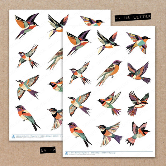 A4 and US Letter format comparison showing Folk Fabric Swallow fussy cut pages for print and cut crafting