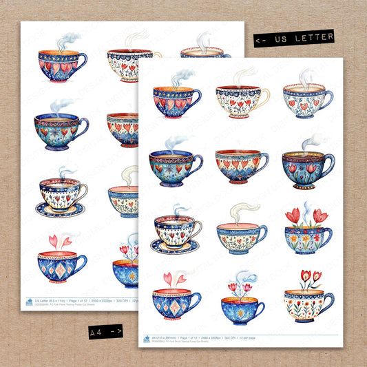 A4 and US Letter format comparison showing Folk Floral Teacup fussy cut pages for print and cut crafting