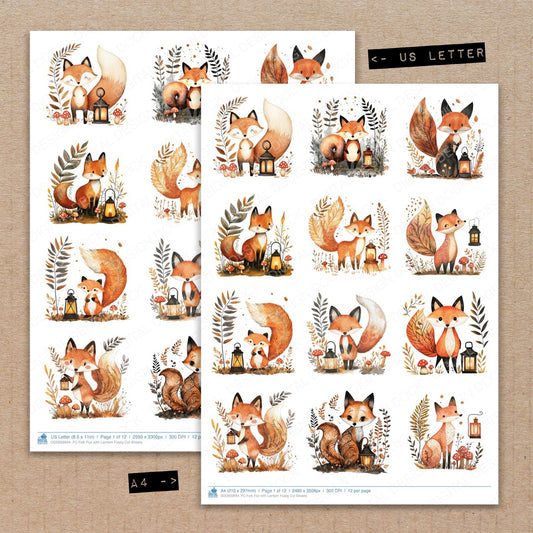 A4 and US Letter format comparison showing Folk Fox with Lantern fussy cut pages for print and cut crafting