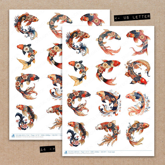A4 and US Letter format comparison showing Folk Koi with Florals fussy cut pages for print and cut crafting