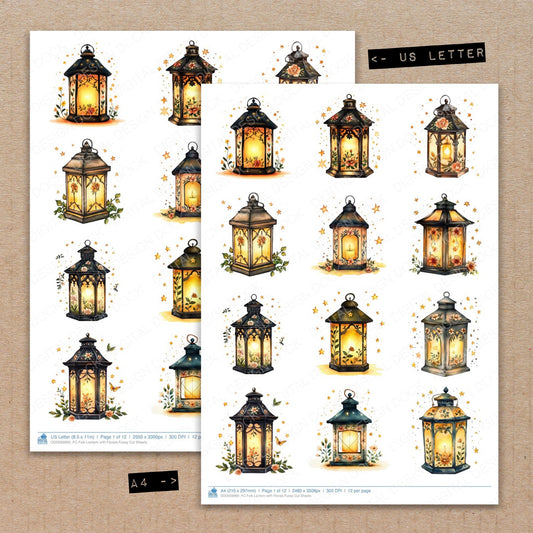 A4 and US Letter format comparison showing Folk Lantern with Florals fussy cut pages for print and cut crafting