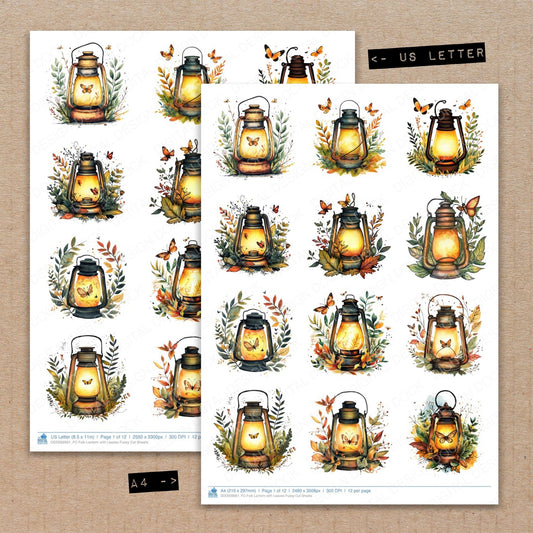 A4 and US Letter format comparison showing Folk Lantern with Leaves fussy cut pages for print and cut crafting